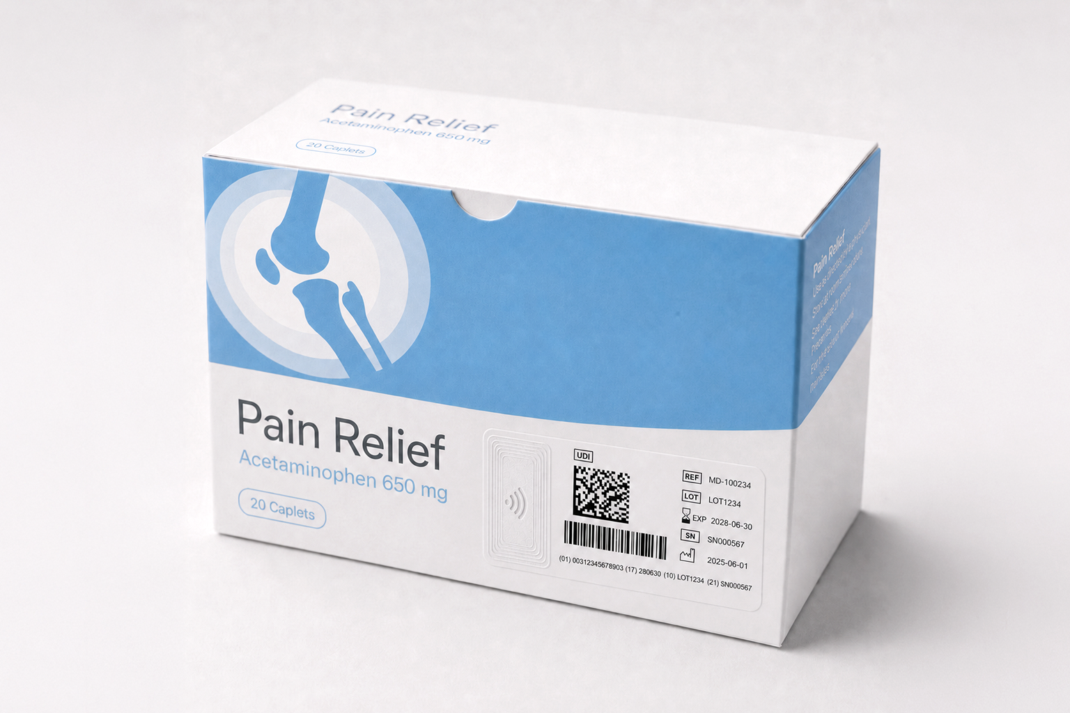 Healthcare carton showing RFID inlay and UDI-ready scannable identification