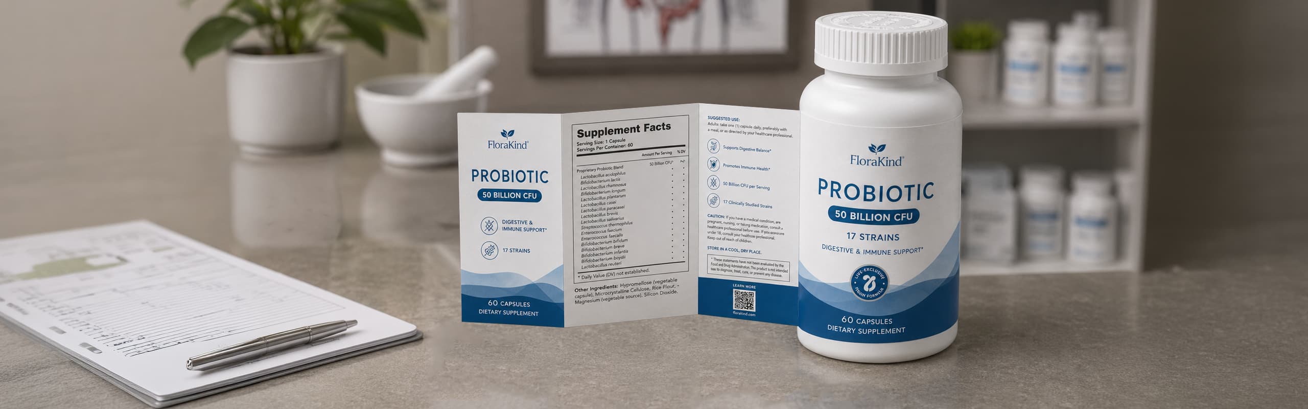 a bottle of probiotics with an extended content label showing the effectiveness of these labels on packaging.