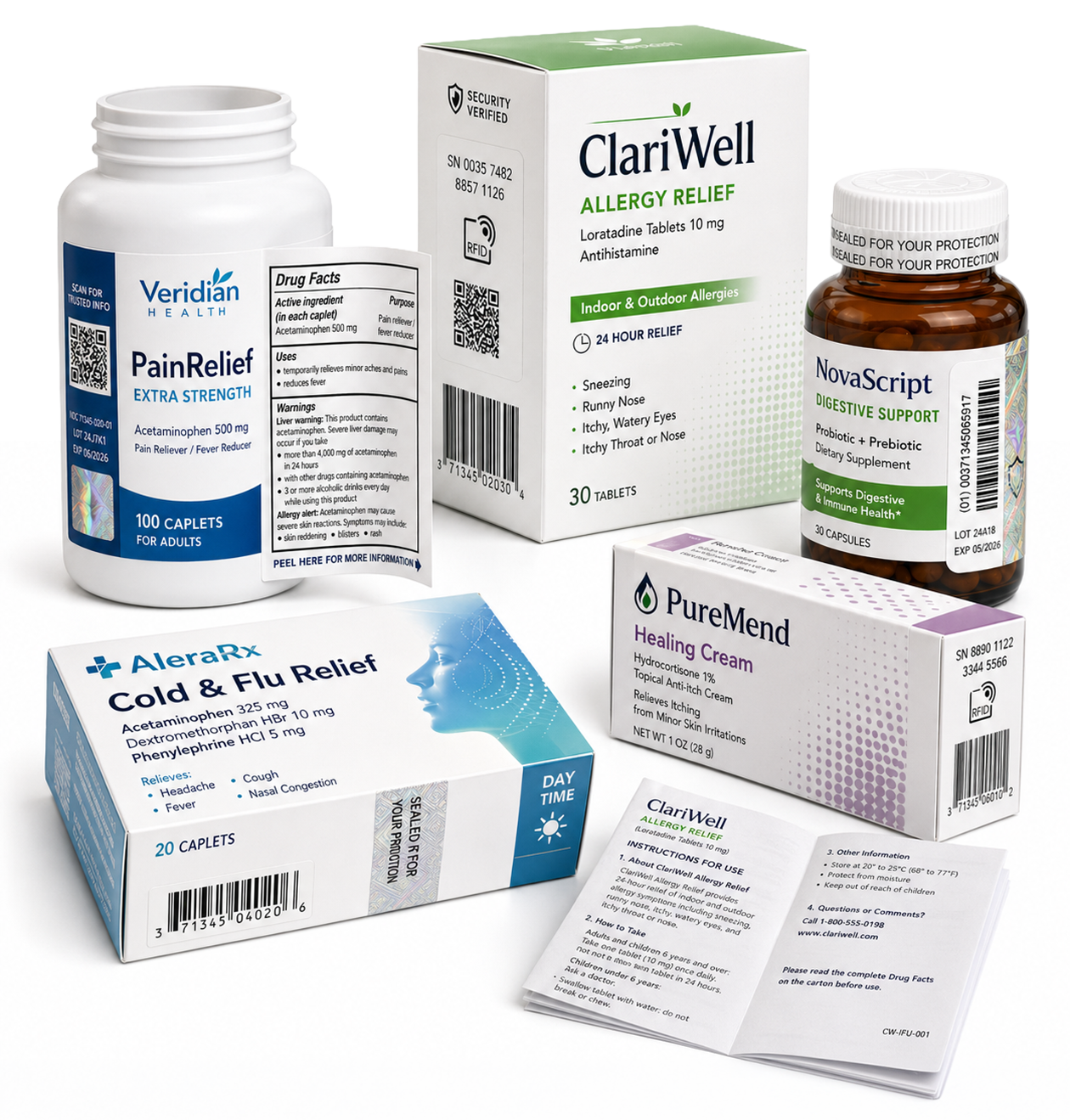 Pharmaceutical labels, cartons, and healthcare packaging components