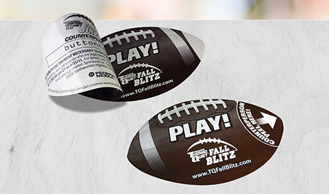 Peel and reseal promotional labels shaped like a football