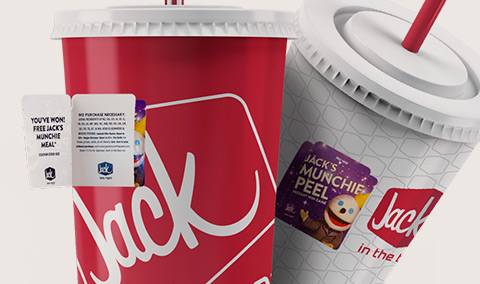 Peel and reveal game pieces on Jack in the Box cups