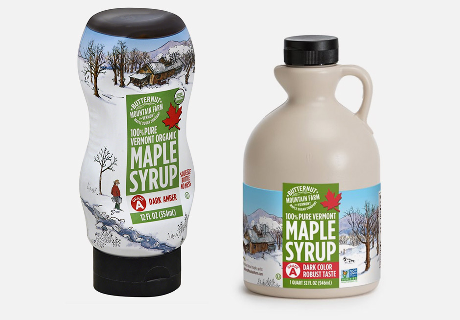 Two Butternut Mountain Farm Maple syrup bottles with custom printed labels