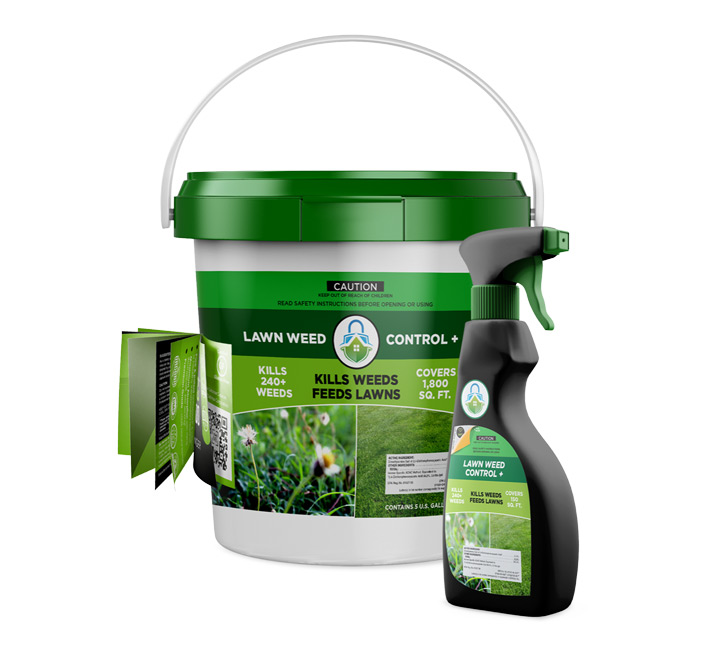 Lawn care bucket with an extended content label and spray bottle