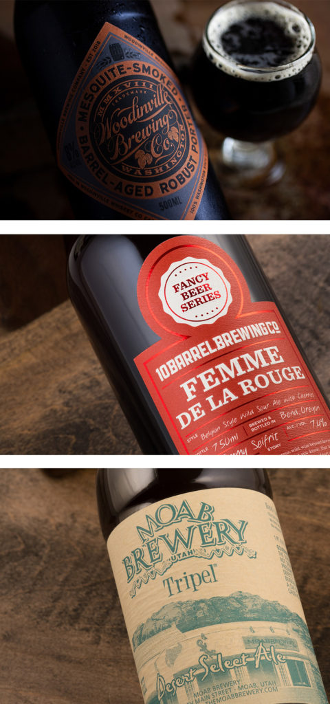 Three beer bottle examples of custom beer labels