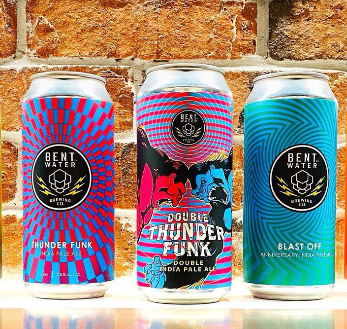 Three beer cans with custom labels for Bent Water Brewing Co.