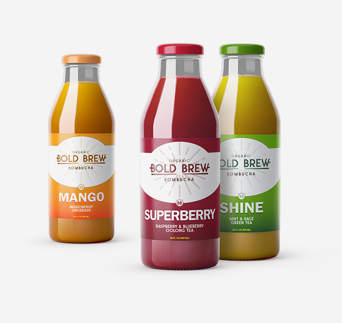 Three bottles of juice with custom labels