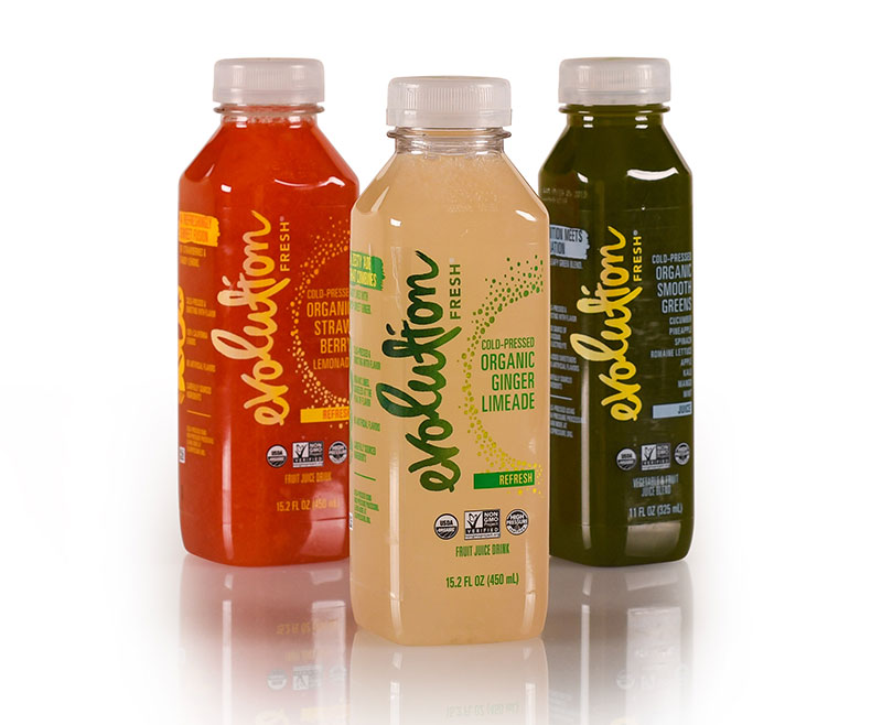 Three Evolution Beverage labels on three juice bottles