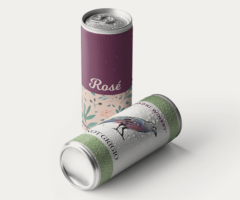 Two cans of wine with custom labels