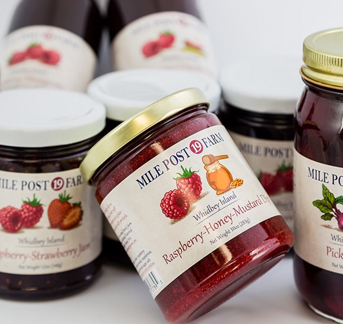 Mile Post 19 Farm jelly jars with custom labels with fruit illustrations