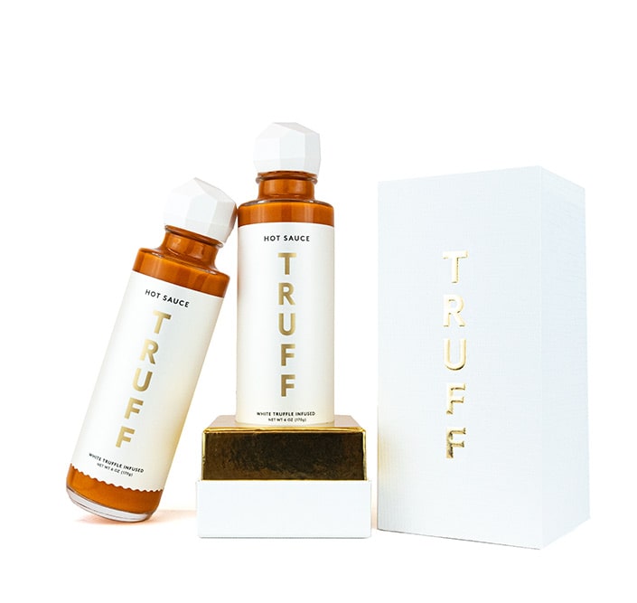Truff Hot Sauce white and gold custom label and box