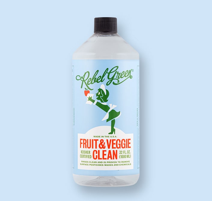 Rebel Green's Fruit and Veggie Wash bottle with vintage style custom label