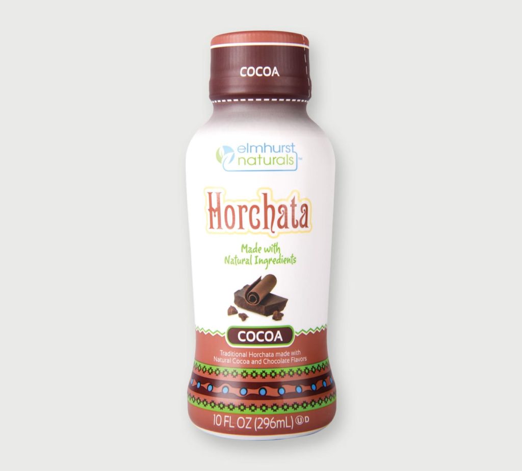 A bottle of Horchata with a shrink sleeve securing the lid