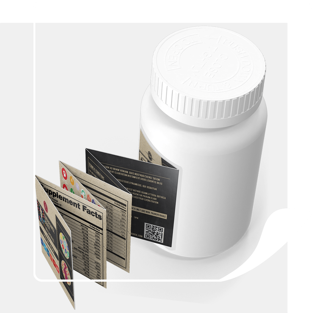 A booklet label accordions open from a pill bottle