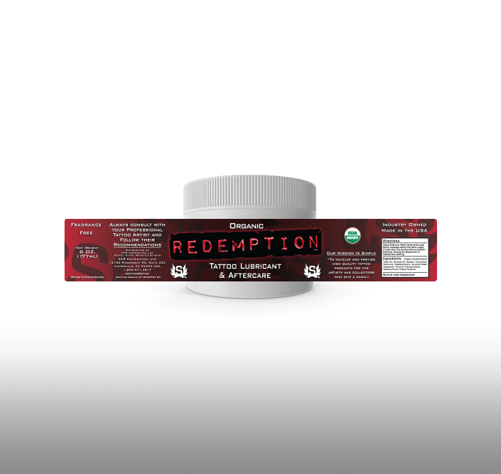 Redemption Tattoo lotion tub with custom wrap around label