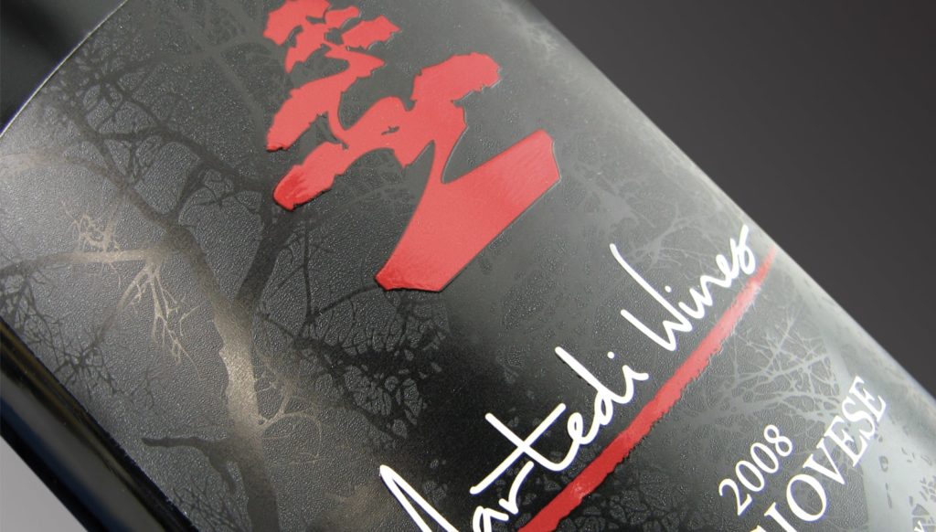 Embossed wine label with a spot varnish