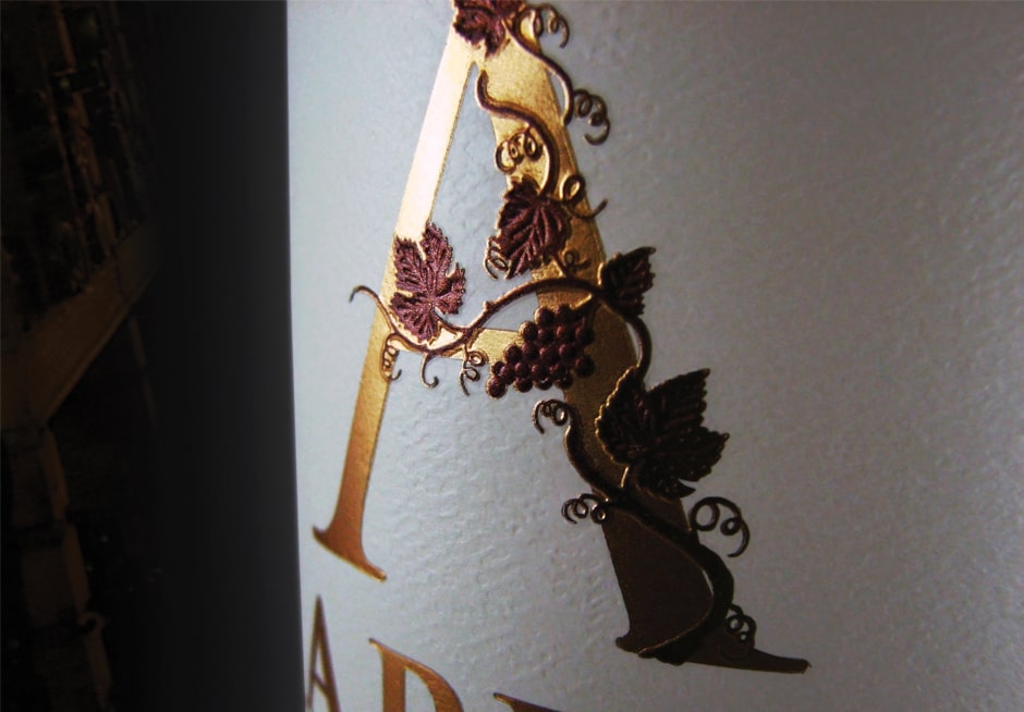 Custom embossed wine label closeup