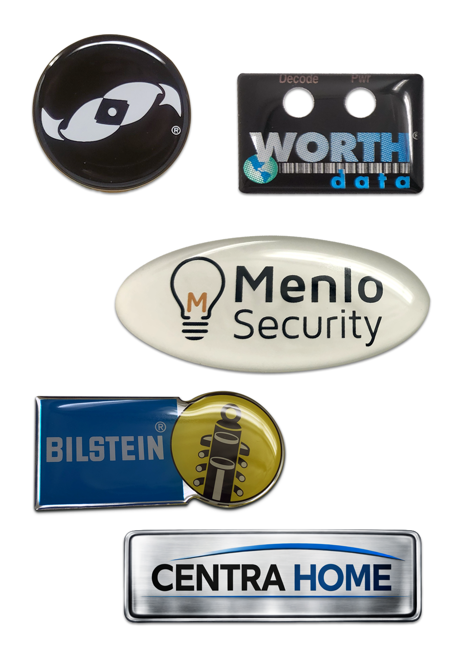 Custom domed label examples for product identification and dimensional branding