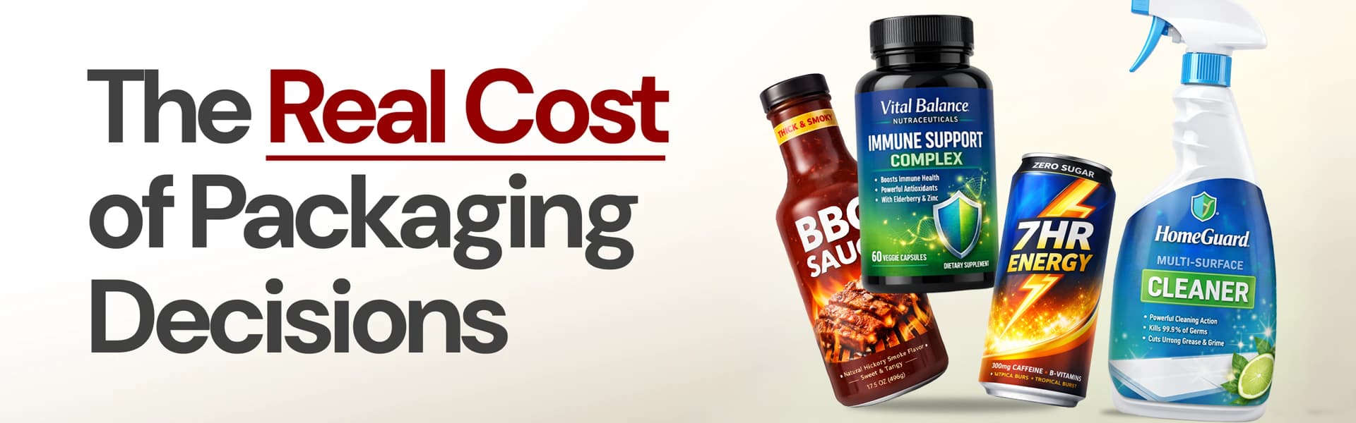 Marketing banner titled ‘The real cost of packaging Decisions Show Up in Label Performance’ with CPG packaging examples, including a BBQ sauce, vitamins, energy drinks and household cleaner on a light background.