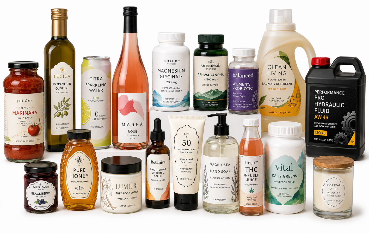 Pressure-sensitive labels on a variety of product containers