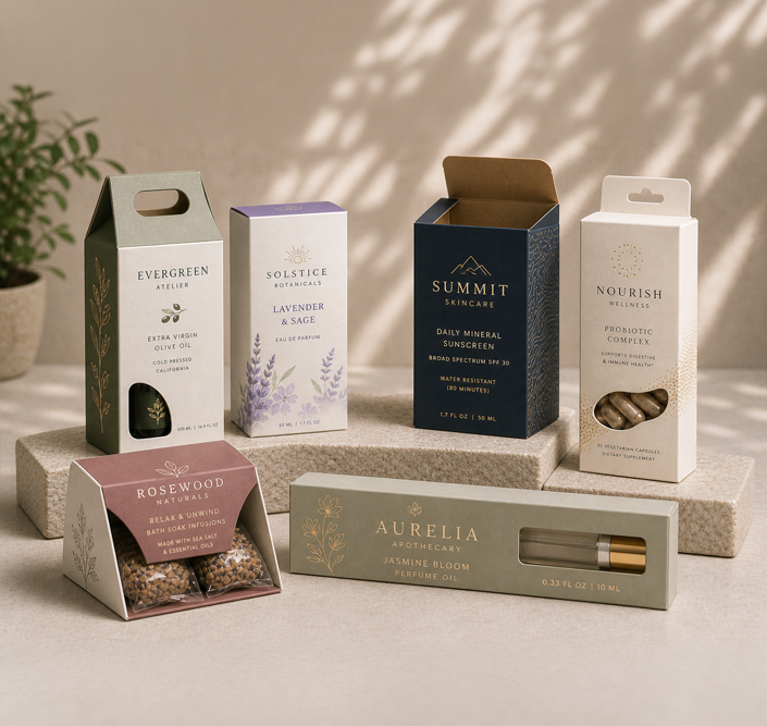 Folding cartons designed to be stacked, displayed on a slot wall, or counter.
