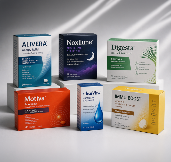 Folding cartons for over-the-counter (OTC) pharmaceutical & healthcare products.