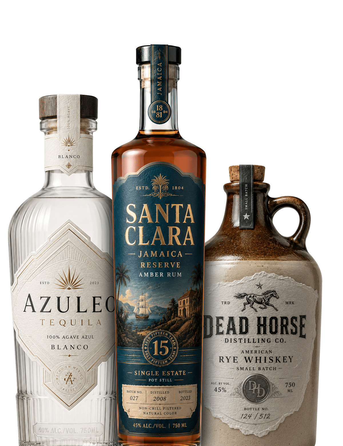 Placeholder for premium spirits bottle hero image showing whiskey, gin and vodka packaging