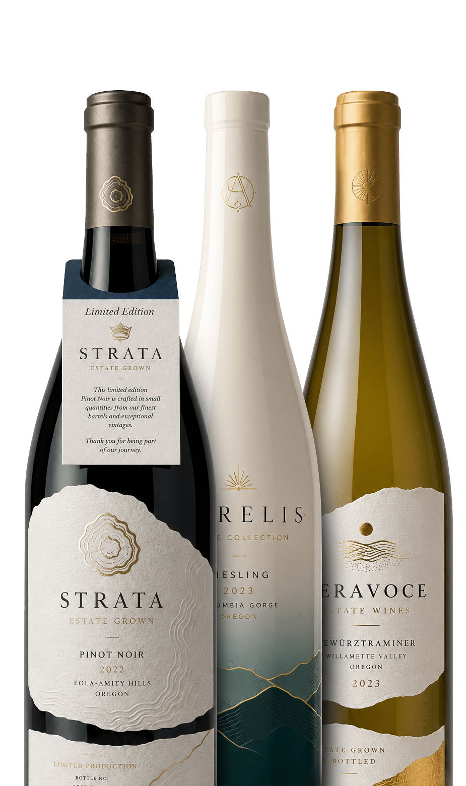 Premium wine bottles showing textured labels, foil, shrink sleeve decoration and neck tag options