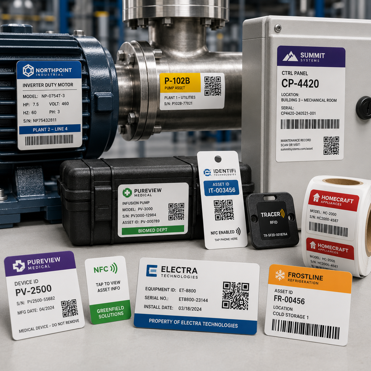 Asset tracking and identification labels, tags, barcodes, QR codes, RFID and NFC examples on equipment