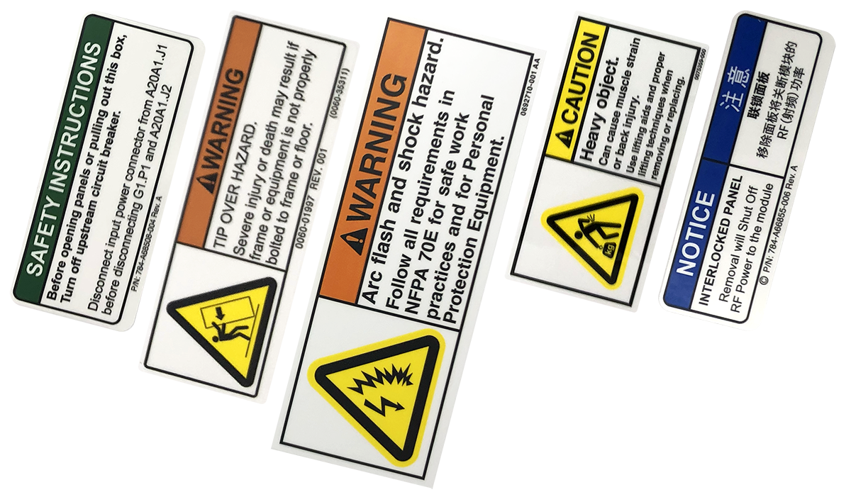 Sheets of safety and warning labels produced for industrial equipment and compliance applications