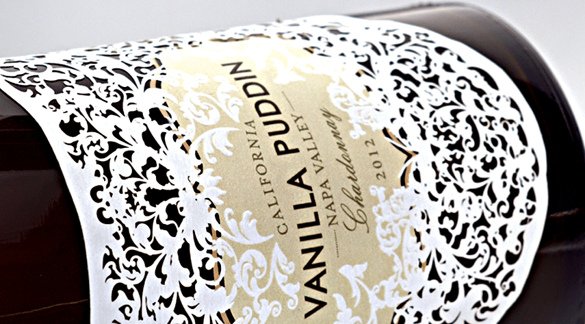 Laser die-cut wine label detail with precise custom edge