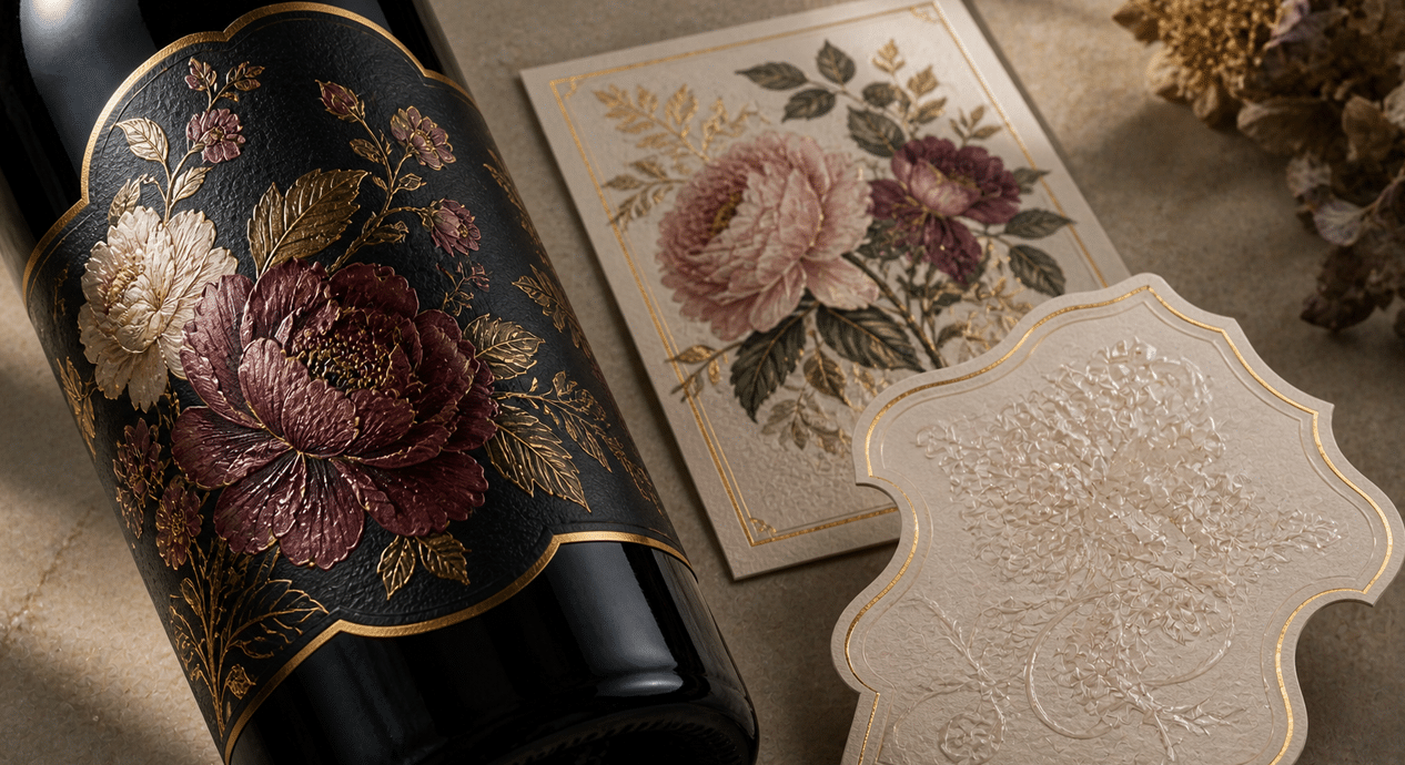 Embellished wine and spirits label samples used for production decisions