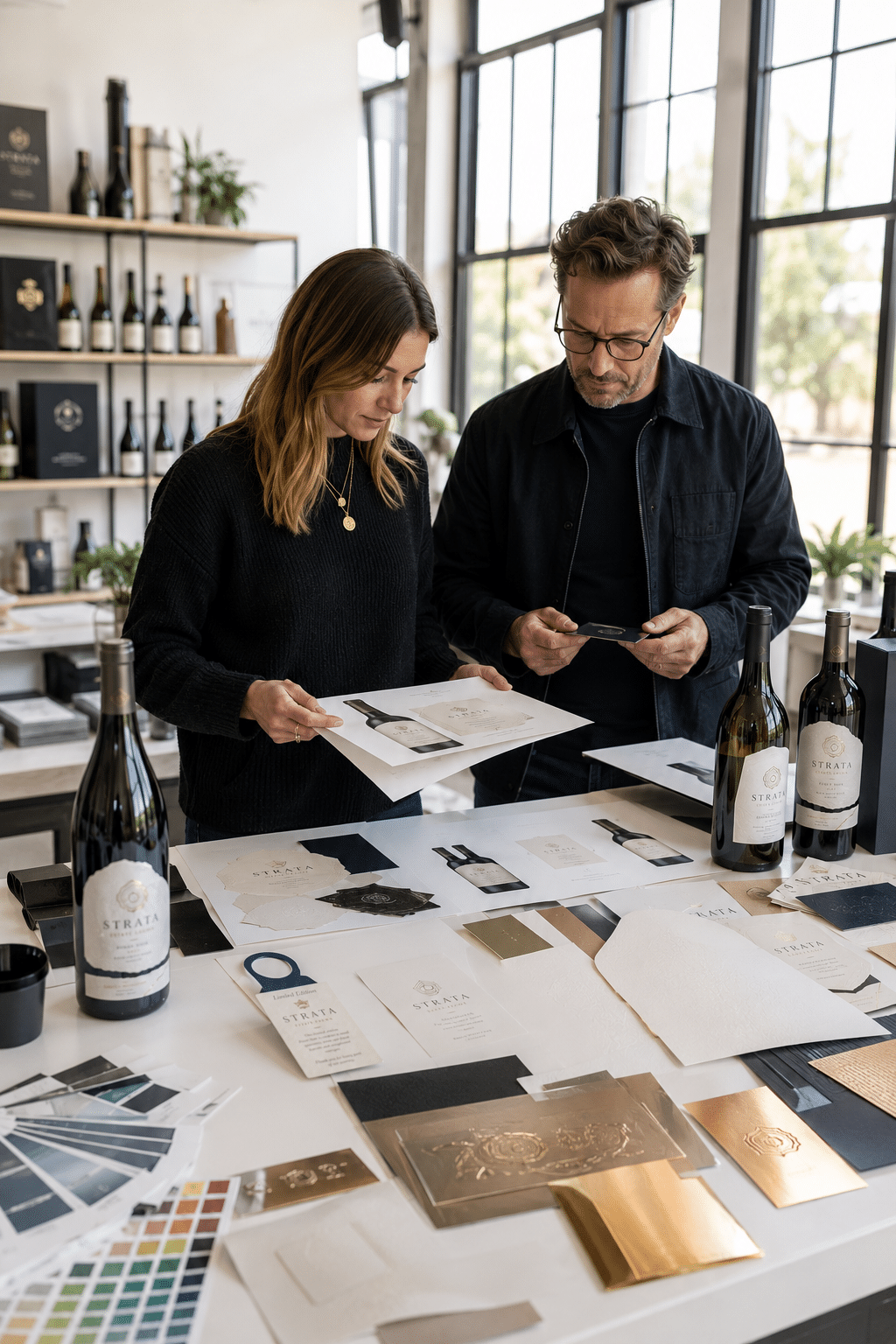 Bright wine label consultation with bottles, paper stocks and finish examples