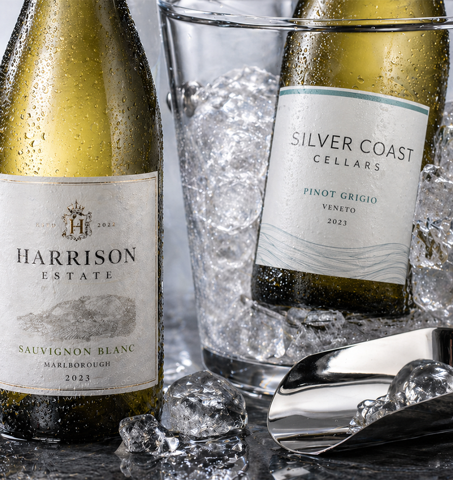 Wine bottles in an ice bucket demonstrating label performance in wet conditions