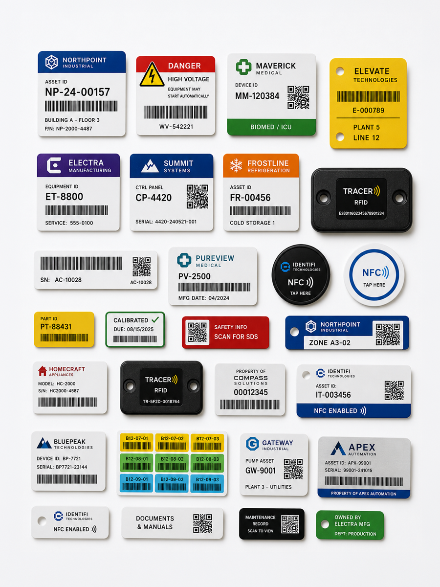 Clean assortment of asset identification labels, tags, QR codes, barcodes, RFID and NFC examples
