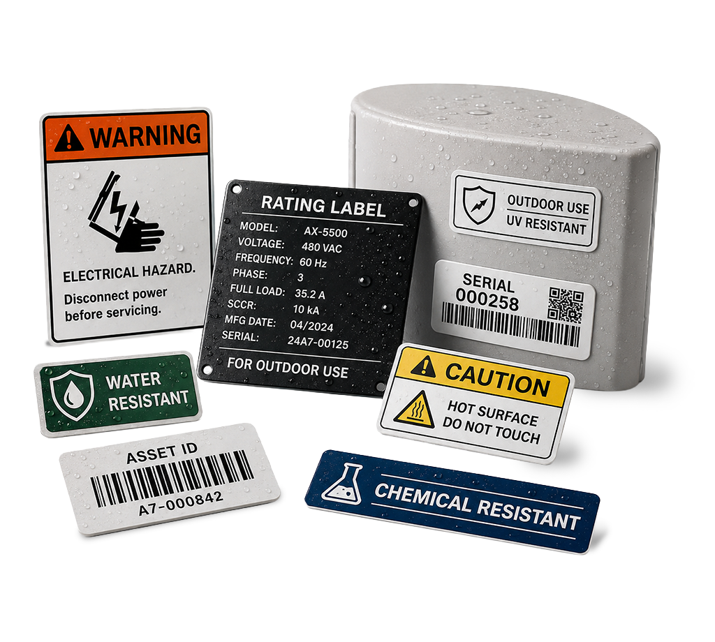 Weatherproof and water-resistant labels for outdoor equipment, rating labels, asset identification and harsh environments
