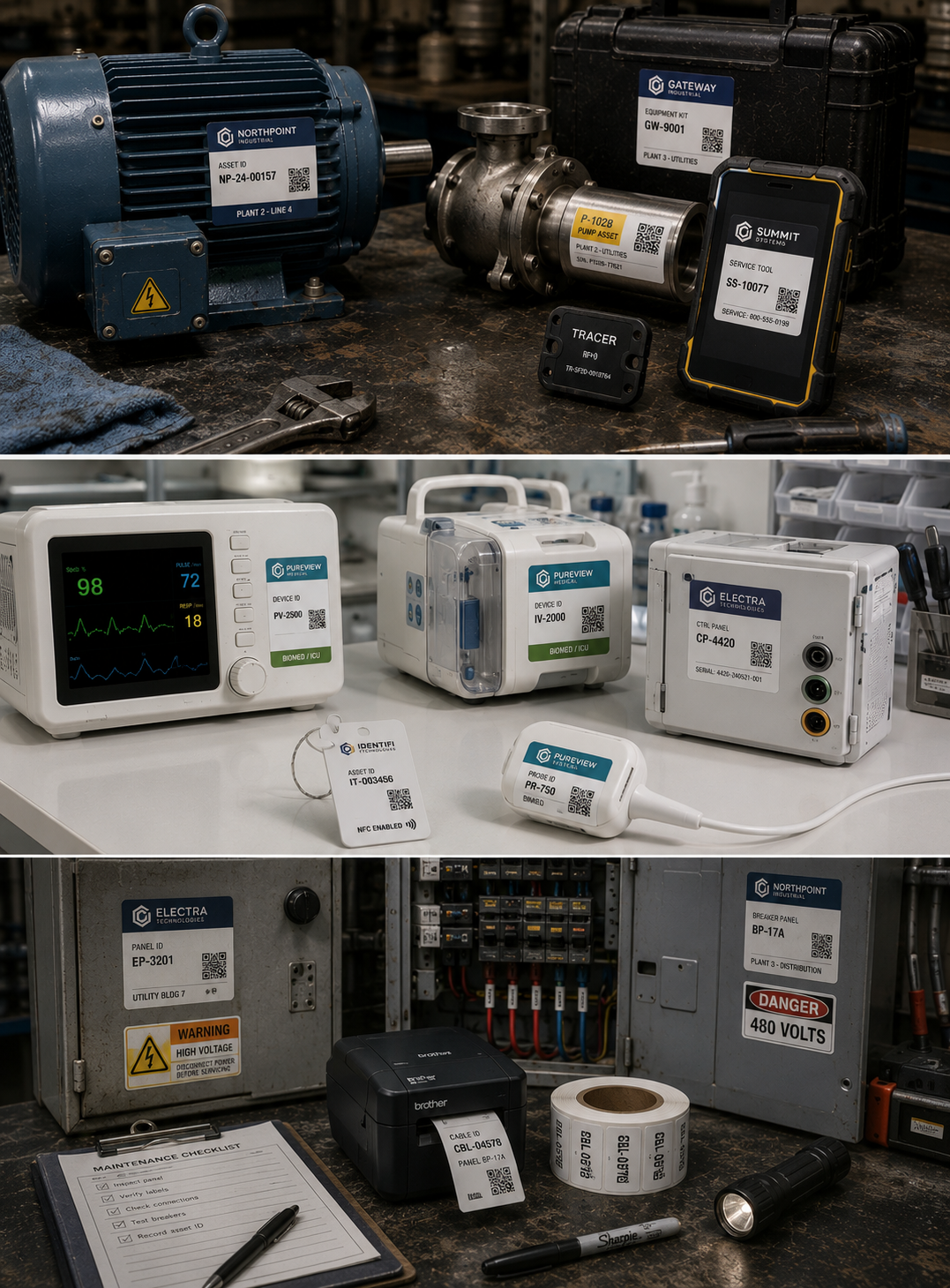 Industrial, medical and electrical equipment with durable asset identification in real operating environments
