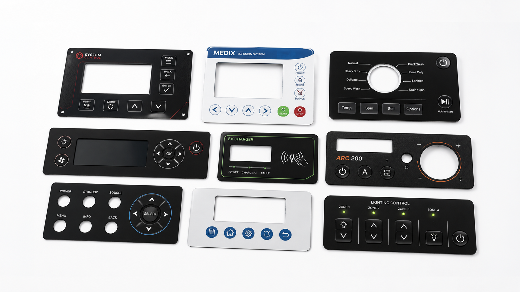 Portfolio of graphic and control panel overlays showing custom windows, button areas, durable interface graphics and control panel features