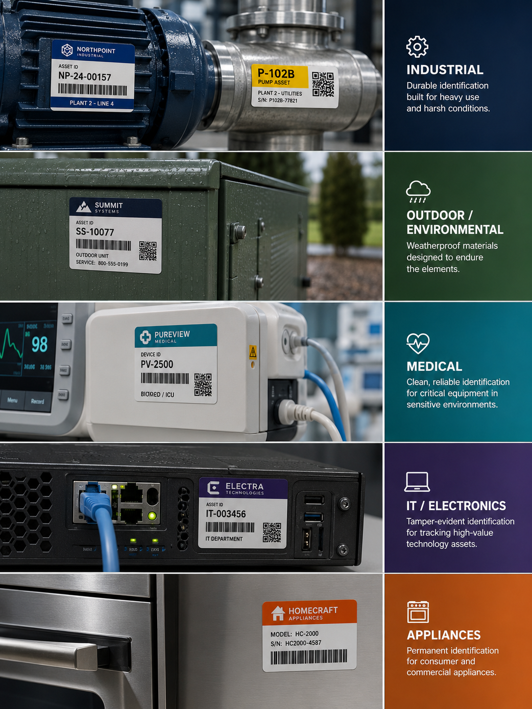Asset identification examples matched to industrial, medical and electrical operating environments