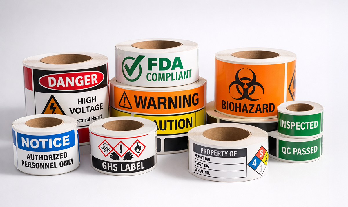 Stacks of Safety and compliance labels show on rolls arranged on a counter