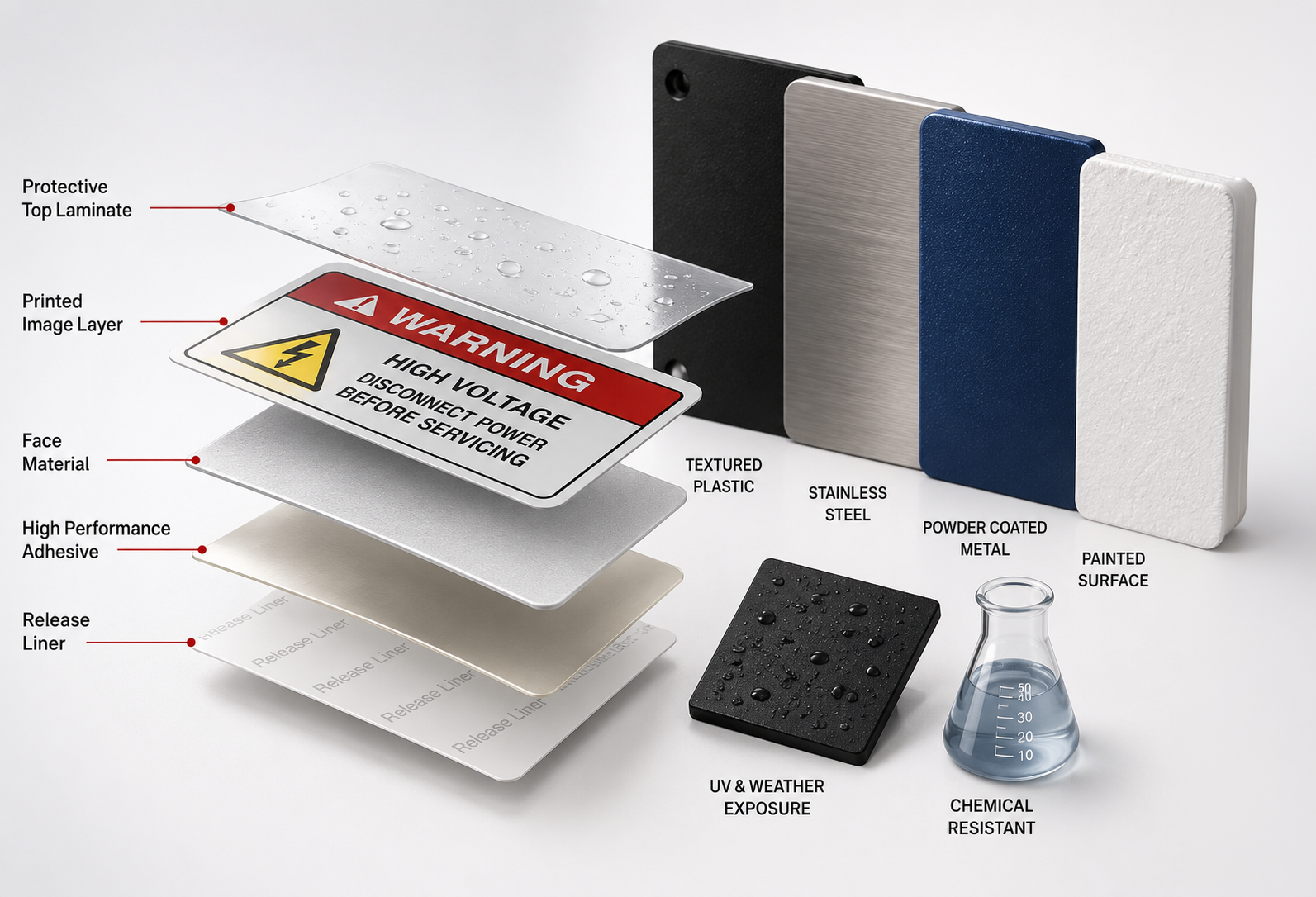 Weatherproof, water-resistant and waterproof label construction examples shown on wet equipment surfaces
