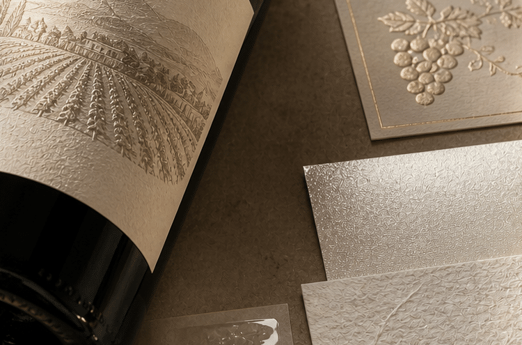 Close-up of textured wine label paper stock