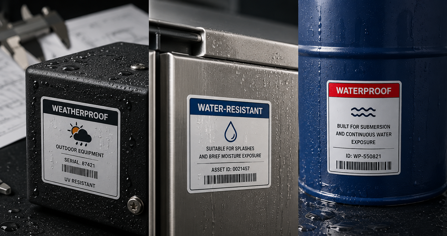 Weatherproof and water-resistant label solutions for equipment, containers, service labels and harsh operating environments