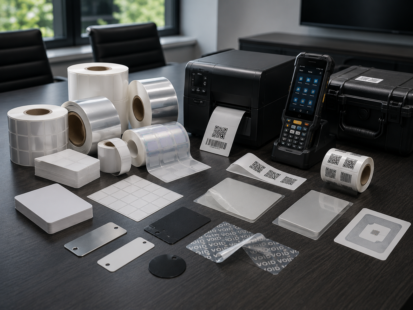 RFID asset tracking tools, labels, scanners and tag materials arranged for implementation planning