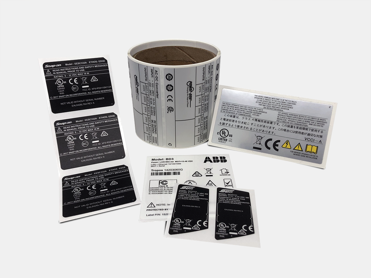 Safety and compliance labels with GHS, warning and regulatory marking examples
