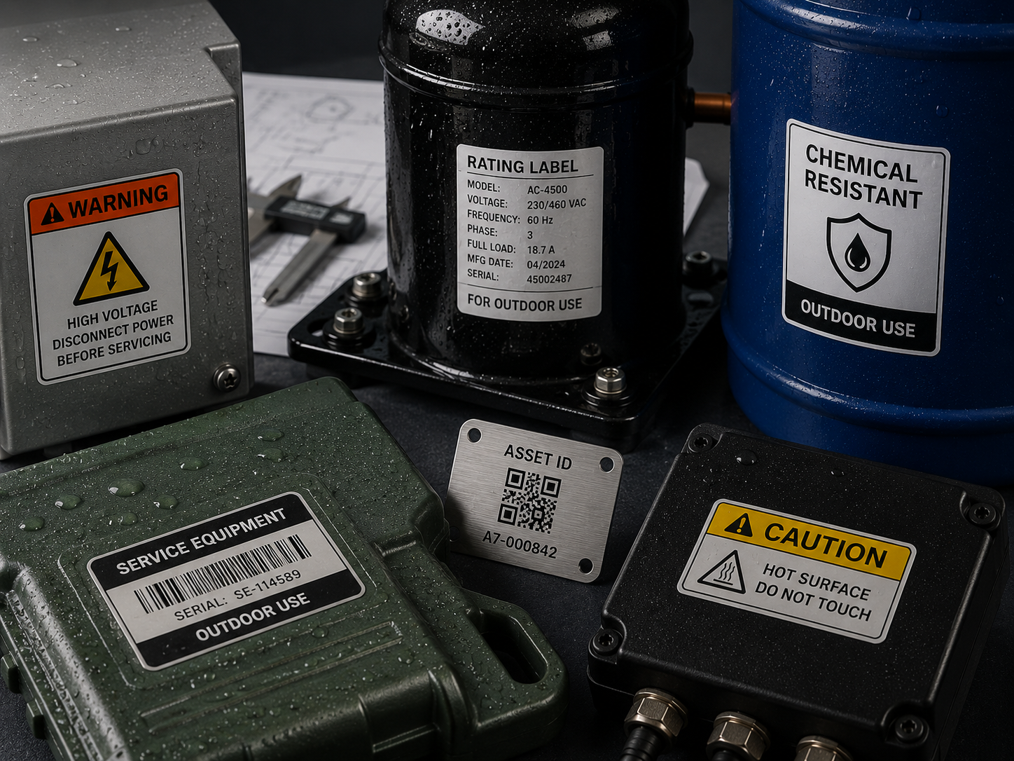 Weatherproof and water-resistant label constructions applied to outdoor equipment, containers and industrial surfaces