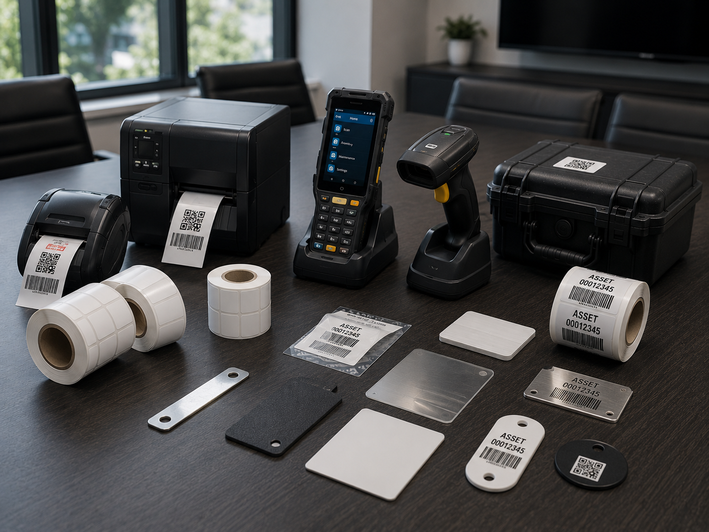 Engineered asset tracking capabilities including label rolls, RFID and NFC materials, scanning and printing equipment