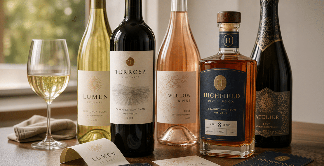Lineup of premium wine and spirits label examples