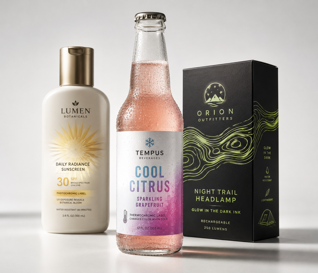 Interactive specialty ink labels and packaging shown across activated states