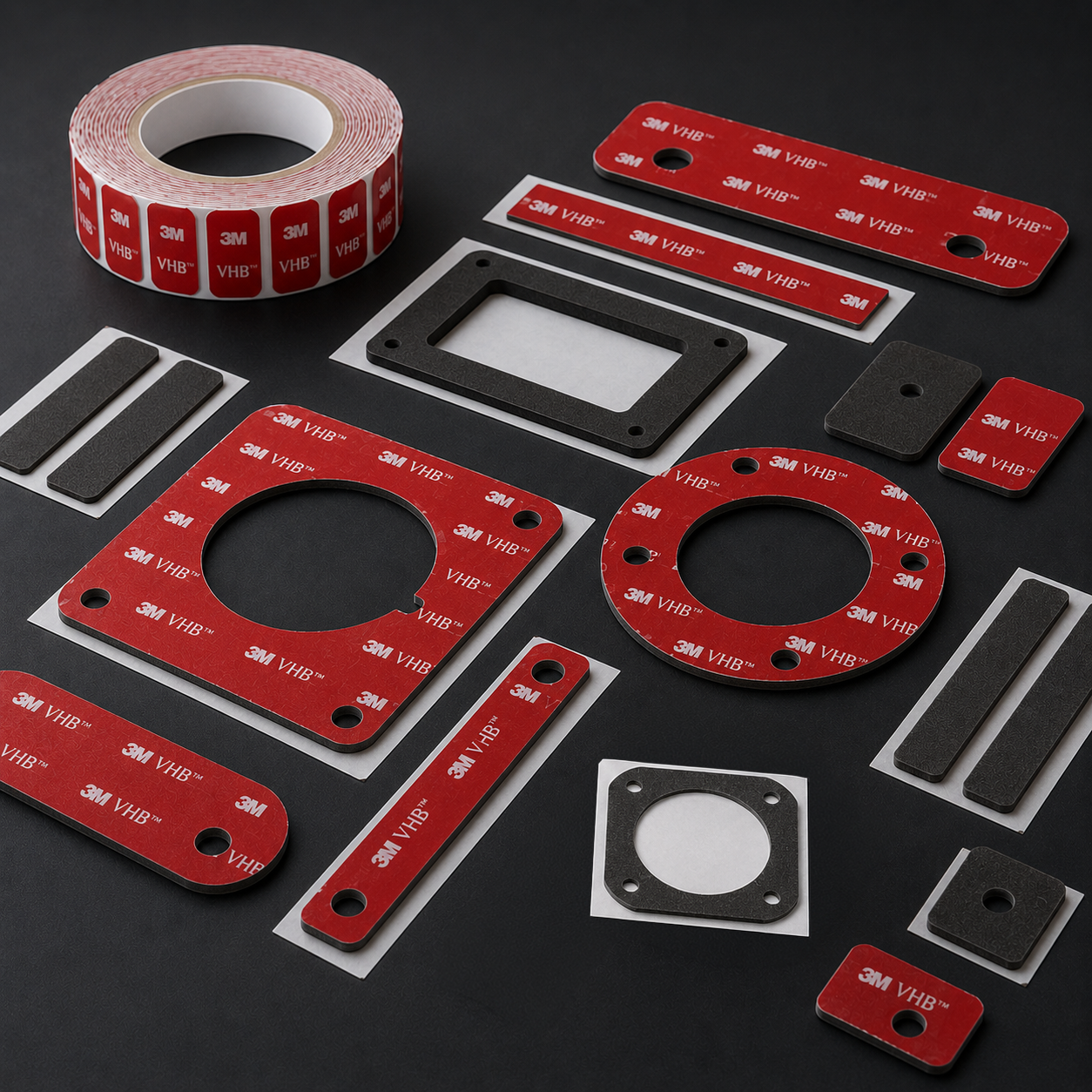 Custom die-cut high-bond adhesive tape components arranged with precision liners and assembly parts
