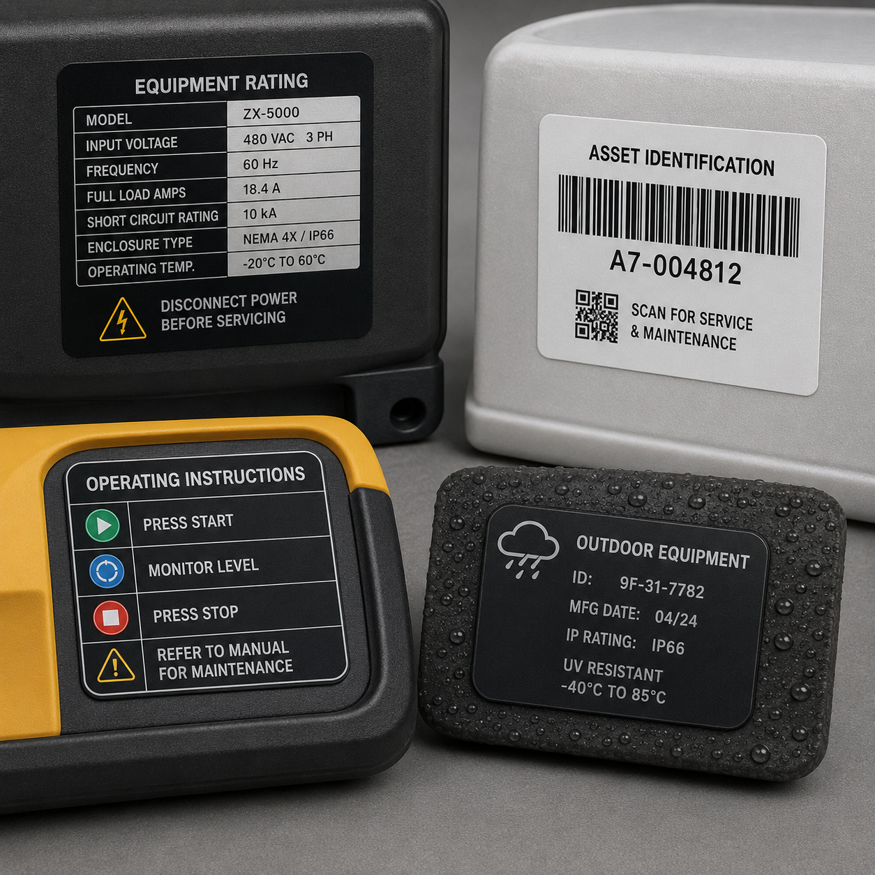 Custom industrial durable labels applied across metal equipment plastic housings and long-life product surfaces